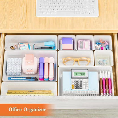 SpaceHacks 25 PCS Plastic Drawer Organizer Set, 4-Size Versatile Organizer Trays & Storage Bins for Makeup, Jewelry, and Gadgets in Bathroom, Bedroom and Office, White