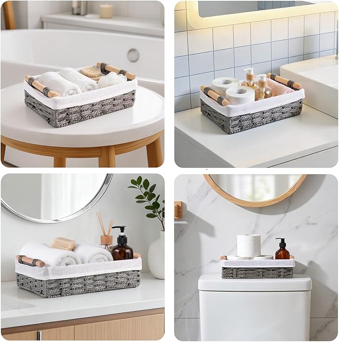HomeHacks 2 Pack Storage Basket Paper Rope Baskets for Organizing with Handle Decorative Storage Bins for Countertop Toilet Paper Basket for Toilet Tank Top Small Baskets, Grey