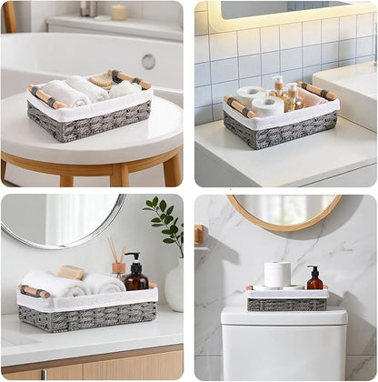 HomeHacks 2 Pack Storage Basket Paper Rope Baskets for Organizing with Handle Decorative Storage Bins for Countertop Toilet Paper Basket for Toilet Tank Top Small Baskets, Grey