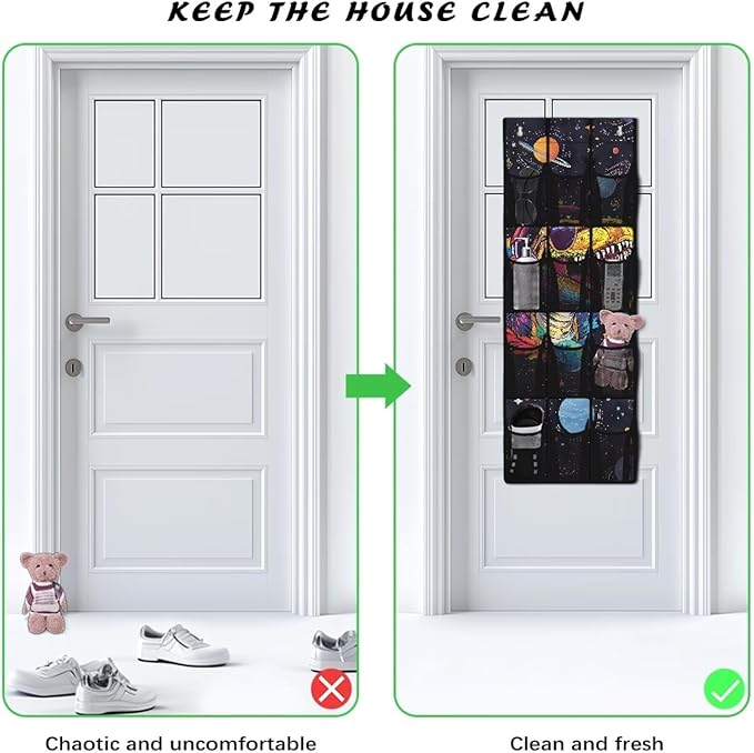 Solar System Dinosaur Over The Door Organizer, 12 Large Pockets Space & Dinosaur Theme Shoe Rack for Kids Room, Educational Decor for Shoes & Toys