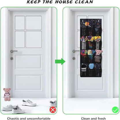 Solar System Dinosaur Over The Door Organizer, 12 Large Pockets Space & Dinosaur Theme Shoe Rack for Kids Room, Educational Decor for Shoes & Toys