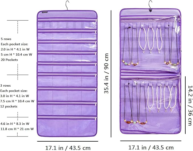 Dual-sided Hanging Jewelry Organizer Necklace Holder Jewelries Storage with 34 Zippered Pockets and 14 Dustproof Hook Loops (PURPLE)
