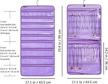 Dual-sided Hanging Jewelry Organizer Necklace Holder Jewelries Storage with 34 Zippered Pockets and 14 Dustproof Hook Loops (PURPLE)