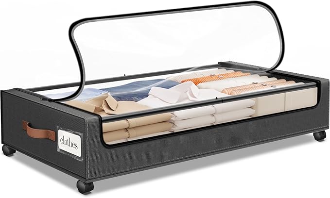 SpaceHacks Under Bed Storage with Wheels 1Pack Storage Containers with Clear Window&Label Under Bed Drawers Rolling Under Bed Storage for Clothes,Shoes, Blankets (30.71 x 16.93 x 6.69 in, Dark Grey)