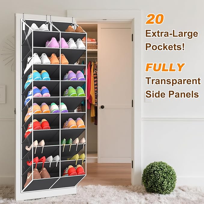 UVIAHOMI 20-30 Pairs Over the Door Shoe Organizer, Clear Pockets Hanging Shoe Storage for Closet, 10-Tier Door Shoes Rack, Handing Shoes Holder Fit All the Family's Sneakers, Boots, Heels, Dark Grey