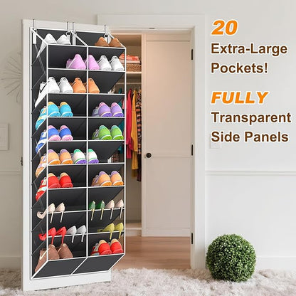 UVIAHOMI 20-30 Pairs Over the Door Shoe Organizer, Clear Pockets Hanging Shoe Storage for Closet, 10-Tier Door Shoes Rack, Handing Shoes Holder Fit All the Family's Sneakers, Boots, Heels, Dark Grey