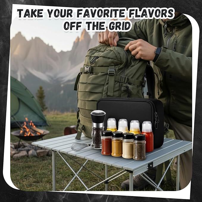 10 Pcs Camping Portable Spice Set Kit with 4 Spice Containers, 4 Sauce Bottles, 1 Pepper Grinder, and 1 Storage Bag for Outdoor Travel, Camping, BBQ, and Picnics