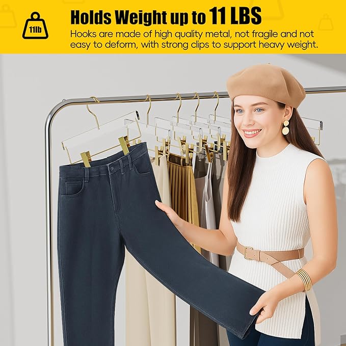 10 Pack Gold Acrylic Hangers, Clear Pants Hangers with Adjustable Non-Slip Clips for Pants, Skirts, Jeans, Trousers, Adults & Kids, Clothing Closet Storage
