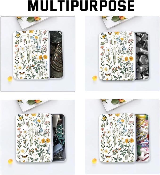 Metal Tin Box with Lid for Game Cards Home Organizer Candles Keys Crafts Storage - Equipped with 4 Magnetic Cord Clips，Flowers and Butterflies