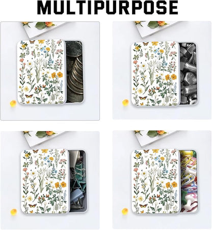 Metal Tin Box with Lid for Game Cards Home Organizer Candles Keys Crafts Storage - Equipped with 4 Magnetic Cord Clips，Flowers and Butterflies