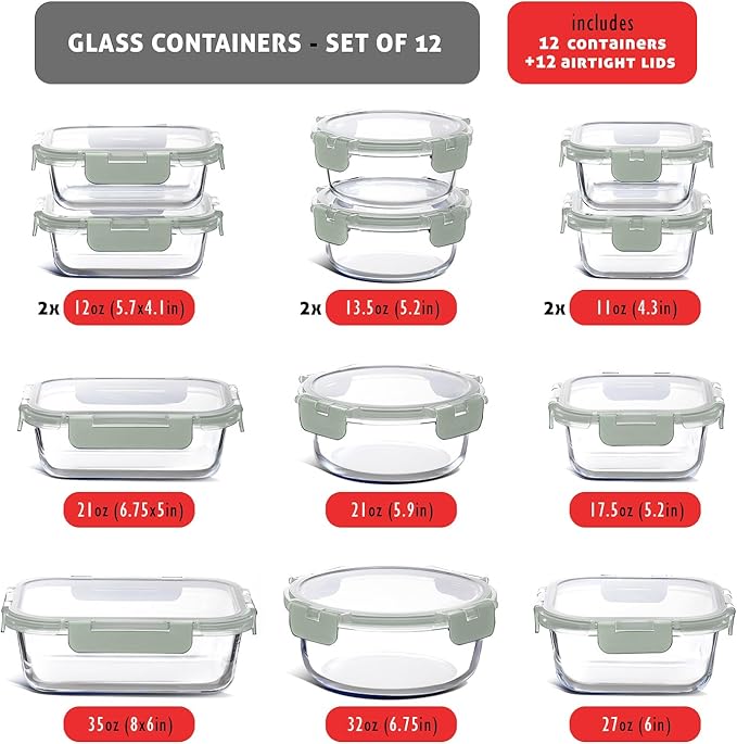 EATEX 24pc Glass Storage Containers with Lids, 12 Glass Food Storage Containers with 12 Airtight Lids for Pantry & Kitchen, Meal Prep Containers for Lunch, Oven Freezer Microwave & Dishwasher Safe