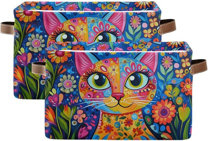 Large Storage Basket Colorful Cat Whimsical Style Storage Bin Cube Canvas Fabric Organizer Handles Collapsible for Clothes Toys Bedroom Decorative