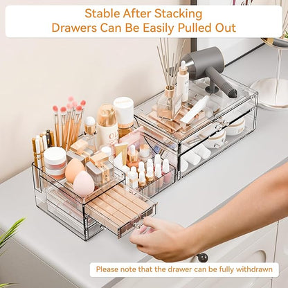 Yieach 2 Pack Clear Makeup Organizer Countertop for Dresser,Vanity and Bathroom Counter Organizer,Tiered Stackable Makeup Acrylic Organizers with 5 Drawer for Skincare,Brush and Make up Holders