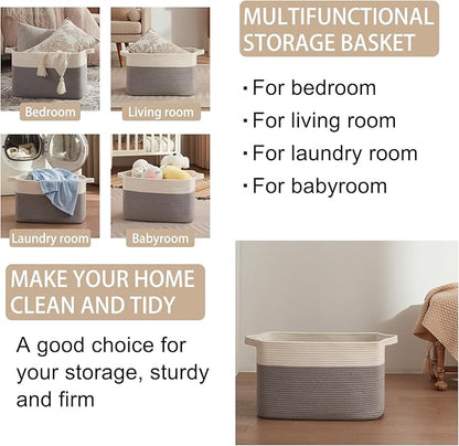 OIAHOMY Large Blanket Basket, 65L Cotton Rope Woven Laundry Basket, Toy Bin for Baby Room, Container for Blanket Storage in Living Room, 20''×16''×12'', Grey & White