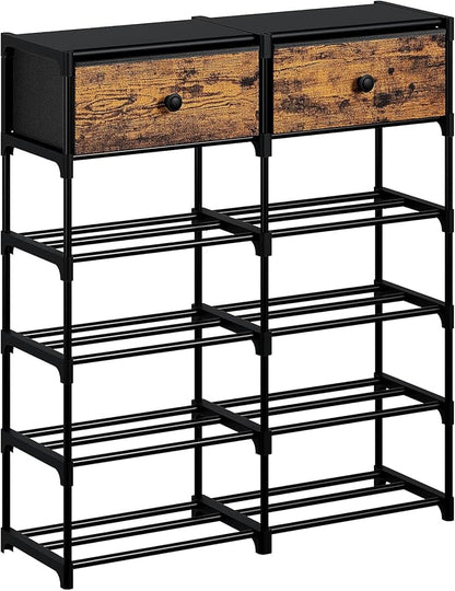 Shoe Rack, 6 Tier Shoe Rack Organizer with 2 Large Drawers, Shoe Storage for 20-24 Pairs, Sturdy Metal Shoe Shelf Shoe Stand for Closet Entryway, Rustic Brown and Black