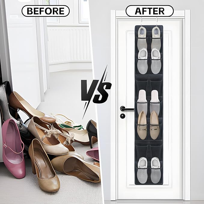PVWSG Over The Door Shoe Organizer, 14 Large Mesh Pockets Hanging Shoe Rack for Closet Organizers and Storage, 2-pack (black)