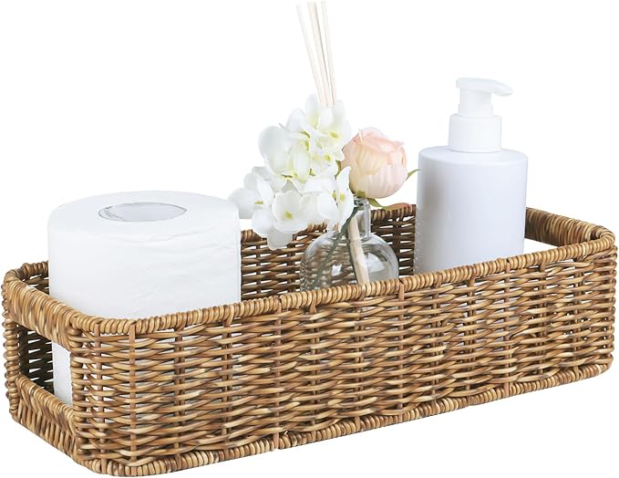Resin Wicker Toilet Paper Basket: Water-Resistant Handmade Organizer - Natural Tan for Organic Back of Toilet Tank top & Scandinavian Kitchens 1pack