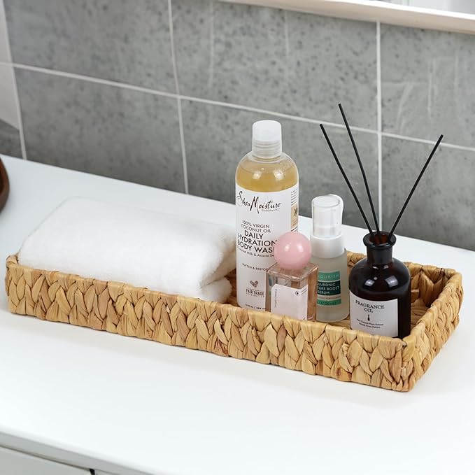 Bathroom Vanity Tray, 16.7 Inch Water Hyacinth Toilet Tank Baskets, Long Wicker Counter Tray for Paper Hand Towel, Bathroom Counter Organizer for Decor Coffee Table (16.7" x 6" x 2")