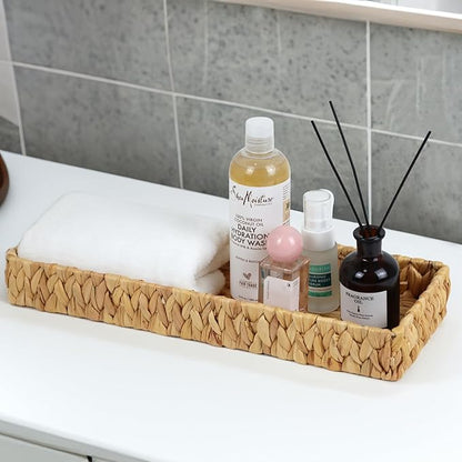 Bathroom Vanity Tray, 16.7 Inch Water Hyacinth Toilet Tank Baskets, Long Wicker Counter Tray for Paper Hand Towel, Bathroom Counter Organizer for Decor Coffee Table (16.7" x 6" x 2")