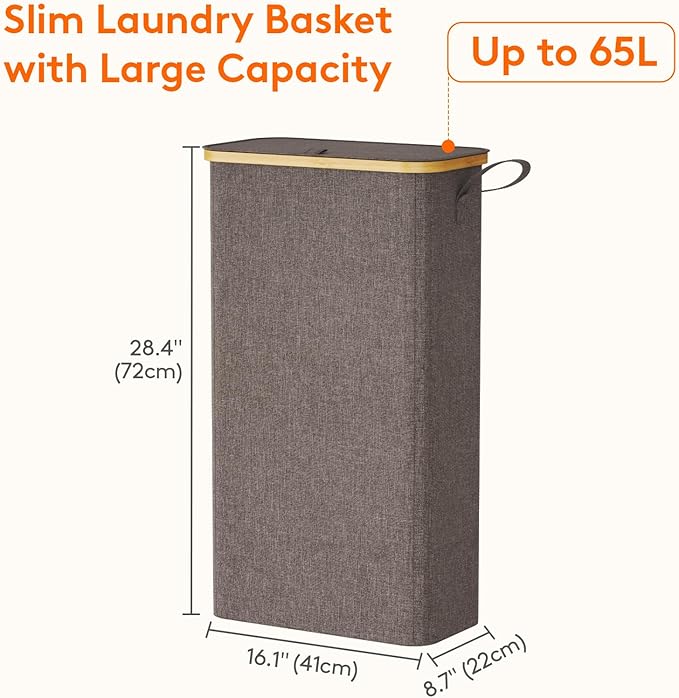 Lifewit 65L Slim Laundry Hamper with Lid, Narrow Laundry Basket with Removable Bag & Bamboo Handles, Fodable Thin Dirty Clothes Hamper for Laundry Collapsible Bin for Bathroom Bedroom Dorm, Brown