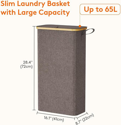 Lifewit 65L Slim Laundry Hamper with Lid, Narrow Laundry Basket with Removable Bag & Bamboo Handles, Fodable Thin Dirty Clothes Hamper for Laundry Collapsible Bin for Bathroom Bedroom Dorm, Brown