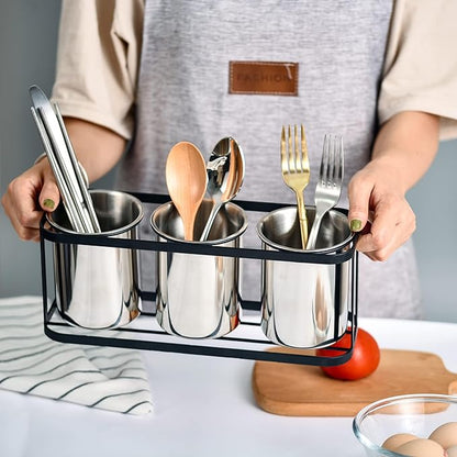 IMEEA Countertop Silverware Caddy, Stainless Steel Flatware Organizer with 3 Compartments for Forks Spoons Knives
