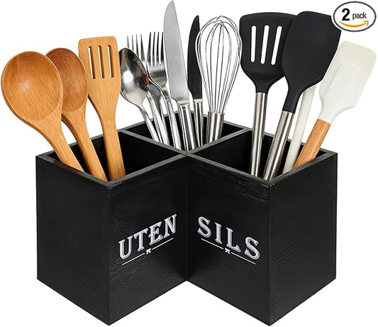Kitchen Utensils Holder with 3 Compartments,Corner Utensil Caddy,Wooden Utensil Organizer for Countertop, Farmhouse Decor
