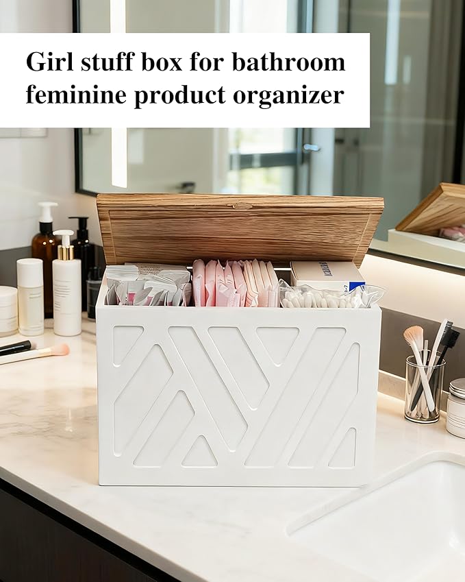 Tampon Holder for Bathroom Decor Feminine Product Organizer With Lid Shark Week Box Wooden Pad Girl Stuff Box (BLACK, lid) (1, WHITE)