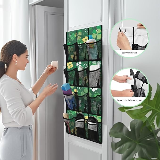 12-Section Over The Door Storage Bag, Oxford Material, Waterproof Scratch-Resistant and for Organizing Bathroom Kitchen Bedroom Essentials, Lucky Four Leaves
