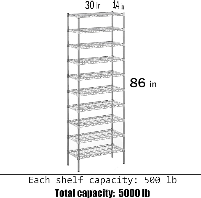 14" Deep x 30" Wide x 86" Height Wire Shelving Kit | 10-Tier | NSF Commercial Storage Rack Unit