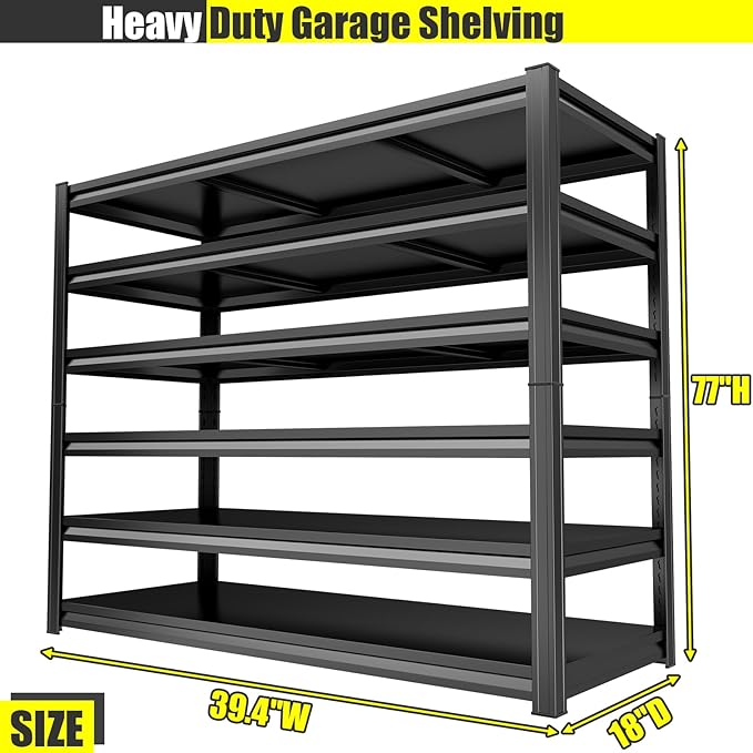 Heavy Duty Metal Garage Shelving Unit, 6-Tier Adjustable Storage Shelves, 3600LBS for Garage & Basement, Kitchen and Pantry Industrial Steel Rack, Ideal for Tool Organization & Storage, Black,77"H
