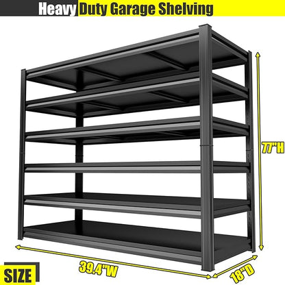 Heavy Duty Metal Garage Shelving Unit, 6-Tier Adjustable Storage Shelves, 3600LBS for Garage & Basement, Kitchen and Pantry Industrial Steel Rack, Ideal for Tool Organization & Storage, Black,77"H