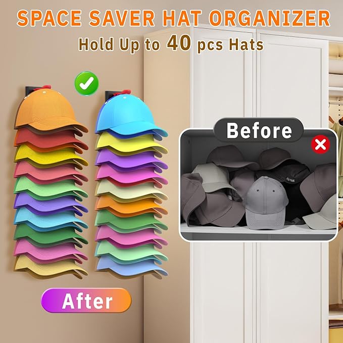 Volnamal Hat Organizer for Baseball Caps, 2 Pack Hold Up to 40 Hats, Hat Rack for Wall Space Saving, Hat Hanger w/Strong Adhesive Hat Storage Holder Display for Closet Door and Wall (Black & Color)