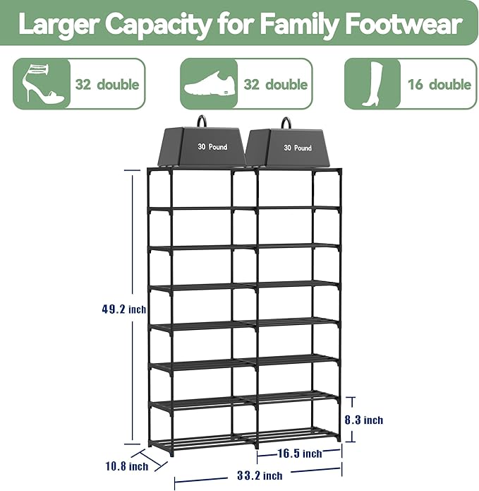 Large Shoe Rack Organizer, 2-Row 8-Tier Tall Shoe Storage Shelf for Closet, Entryway, Garage, Metal Free Standing Shoe Holder for 28-32 Pairs Shoes, Sturdy Stackable Shoe Stand for Bedroom