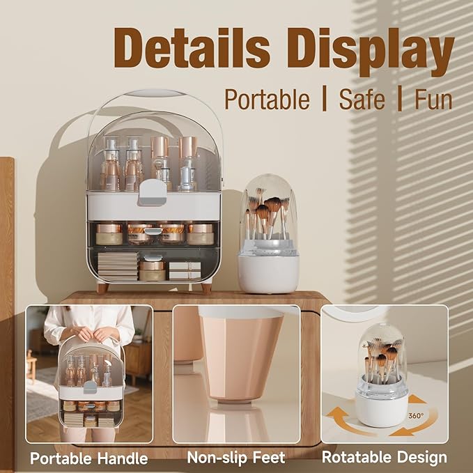 Makeup Organizer Countertop & 360° Rotating Makeup Brush Holder, Skincare Holder with Lid and Drawers, Storage Box Cosmetic Display Cases, Teen Girl Gifts, Vanity, Bathroom Counter, Silver