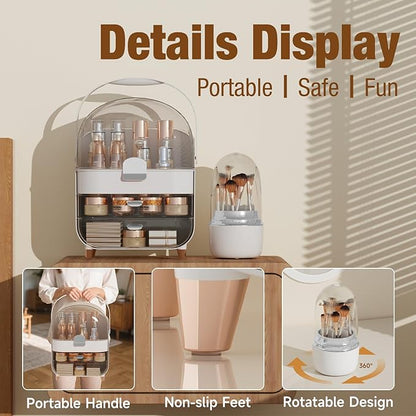 Makeup Organizer Countertop & 360° Rotating Makeup Brush Holder, Skincare Holder with Lid and Drawers, Storage Box Cosmetic Display Cases, Teen Girl Gifts, Vanity, Bathroom Counter, Silver