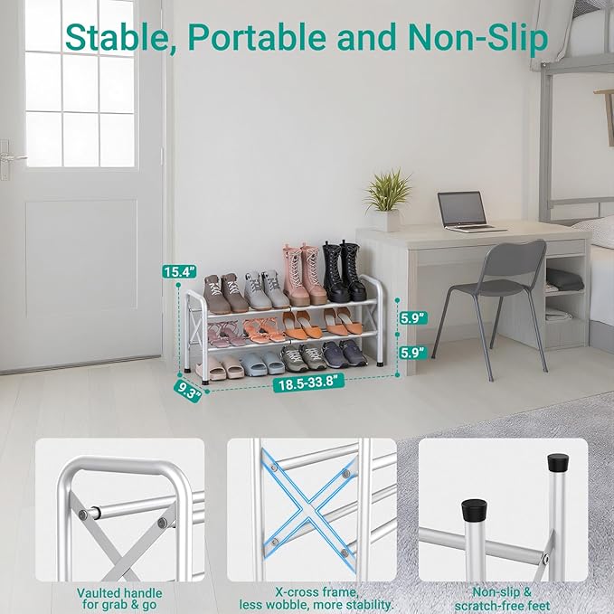 YEASHEIN 2-Tier Expandable Shoe Rack for Closet Floor, X-Frame Metal Small Shoe Rack for Entryway, Adjustable Shoe Shelf Organizer, Free Standing Shoe Racks for Front Door Entrance, Garage - White