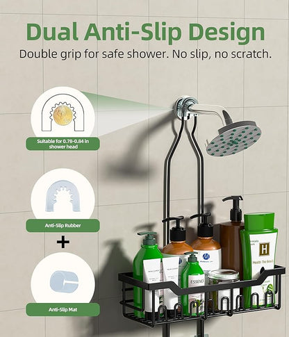 Shower Caddy Hanging Organizer, Extra Large Rack Over Showerhead with Hooks, Adjustable Height Shower Caddy for Big Shampoo Bottle, Black