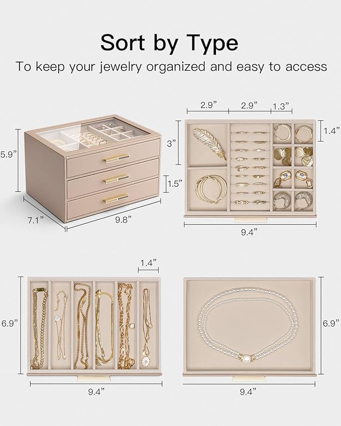 VLANDO 3 Layer Jewelry Box for Women, Glass Lid Jewelry Organizer with 3 Drawers for Necklaces Rings Earrings Bracelets - Toffee