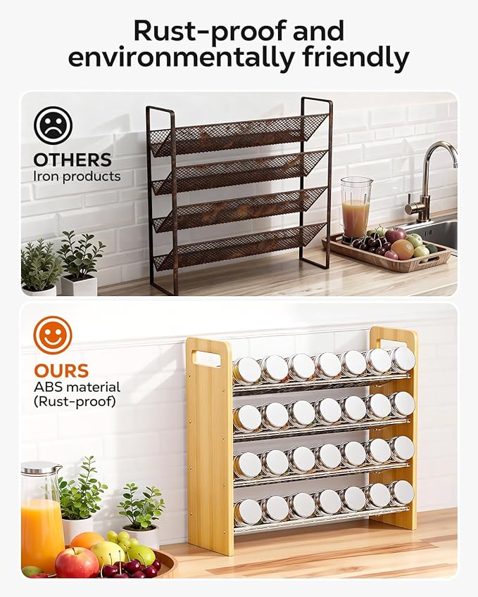 Nieifi Transparent & Wooden Spice Rack Rustproof, without Seasoning Jars,4-Tier ABS Plastic Spice Rack Organizer for Cabinet and Countertop,Thickened Corrosion-Resistant-Tiered Spice Rack