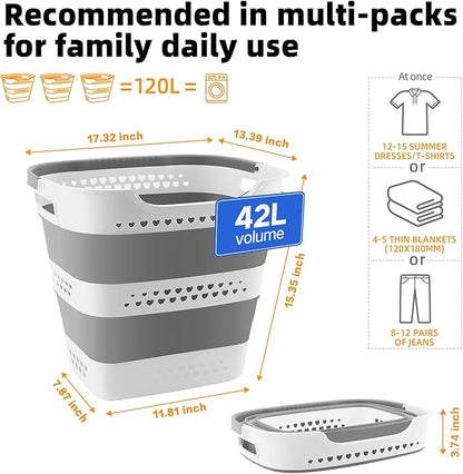 42L Medium Collapsible Plastic Laundry Basket with Handles, Foldable Laundry Basket Hamper, Pop Up Storage Container Organizer for Washing Storage (Gery, 17 Inch * 13 Inch * 15 Inch)
