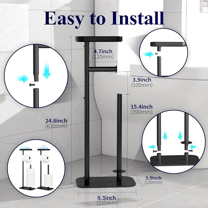 Kitsure Toilet Paper Holder Free Standing – Rustproof Metal Toilet Paper Stand for 4 Rolls with Anti-Slip Base and Shelf for Phone & Small Items, Bathroom Organizers and Storage, Medium, Black, 2Pack