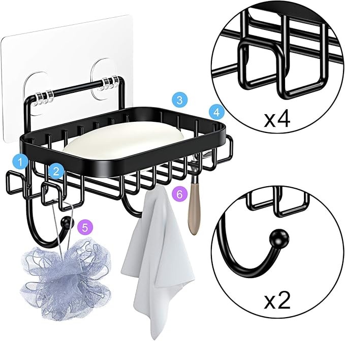 ODesign Soap Dish Holder SUS304 Stainless Steel with 6 Hooks Loofah Bath Sponge Towel Razor Holder for Bathroom Shower Kitchen Adhesive Wall Mounted No Drilling-Black-1 Pack
