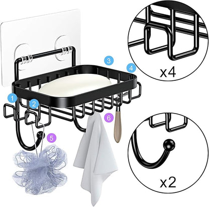 ODesign Soap Dish Holder SUS304 Stainless Steel with 6 Hooks Loofah Bath Sponge Towel Razor Holder for Bathroom Shower Kitchen Adhesive Wall Mounted No Drilling-Black-1 Pack