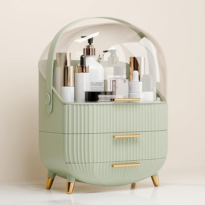 lurcns Makeup Organizers and Storage, Make up Organizer for Vanity Cosmetics Skincare Organizers With Lid and Drawers Display Cases for Countertop（Light Green）
