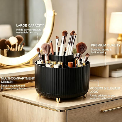 360° Rotating Makeup Brush Holder for Vanity, Elegant Black Makeup Organizer for Bathroom Countertop, Skincare & Cosmetic Storage Case