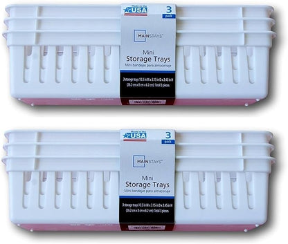 Mainstays Slim Plastic Storage Trays Baskets in White- Set of 6