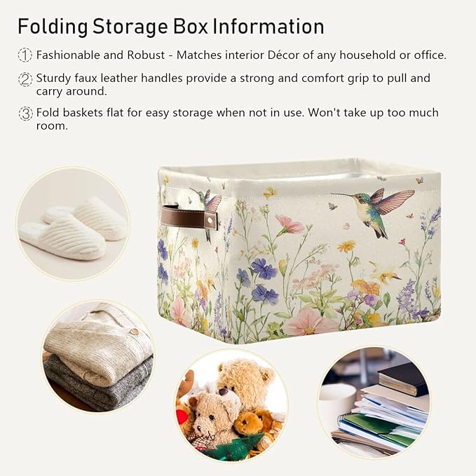 Spring Flowers Hummingbird Storage Basket Decorative Wildflowers Butterfly Summer Fabric Basket Bins Foldable Shelf Closet Storage Box Cube With Handle Organizer Basket For Kids Toys Clothes Bedroom