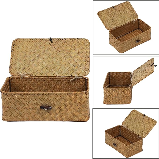 Wicker Storage Basket with Lid, Natural Seagrass Storage Baskets for Organizing, Rectangular Woven Basket for Storage, Decorative Boxes Bins with Lids Home Organizer Decor