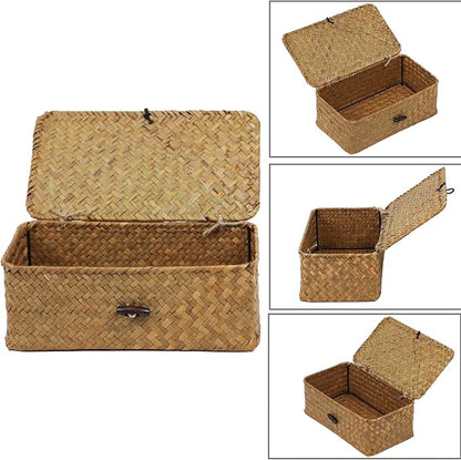 Wicker Storage Basket with Lid, Natural Seagrass Storage Baskets for Organizing, Rectangular Woven Basket for Storage, Decorative Boxes Bins with Lids Home Organizer Decor